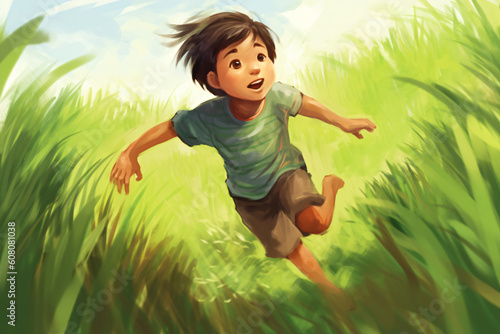 illustration of kid playing in grass made with Generative AI