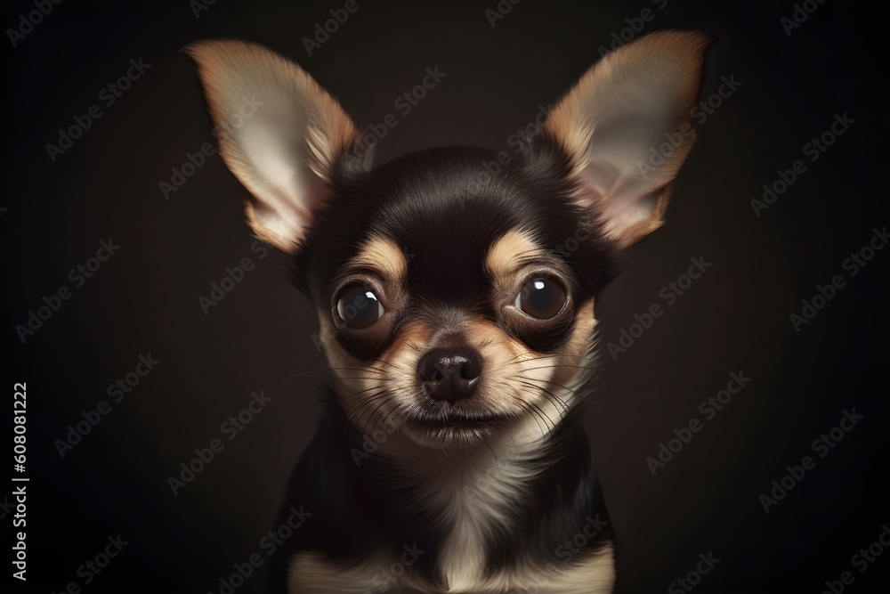 Cute Chihuahua headshot, black and brown chihuahua