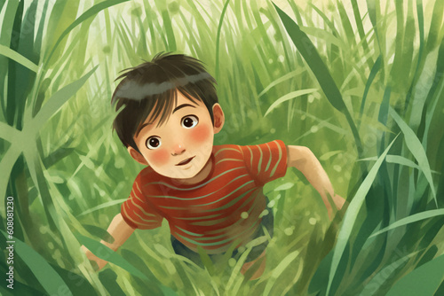 illustration of kid playing in grass made with Generative AI
