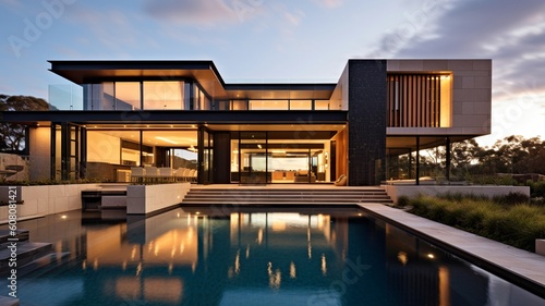 Elegant Home with a Beautiful Pool: Sleek Lines and Elegant Textures. GENERATE AI