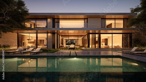 Elegant Home with a Beautiful Pool: Sleek Lines and Elegant Textures. GENERATE AI © Sawitree88