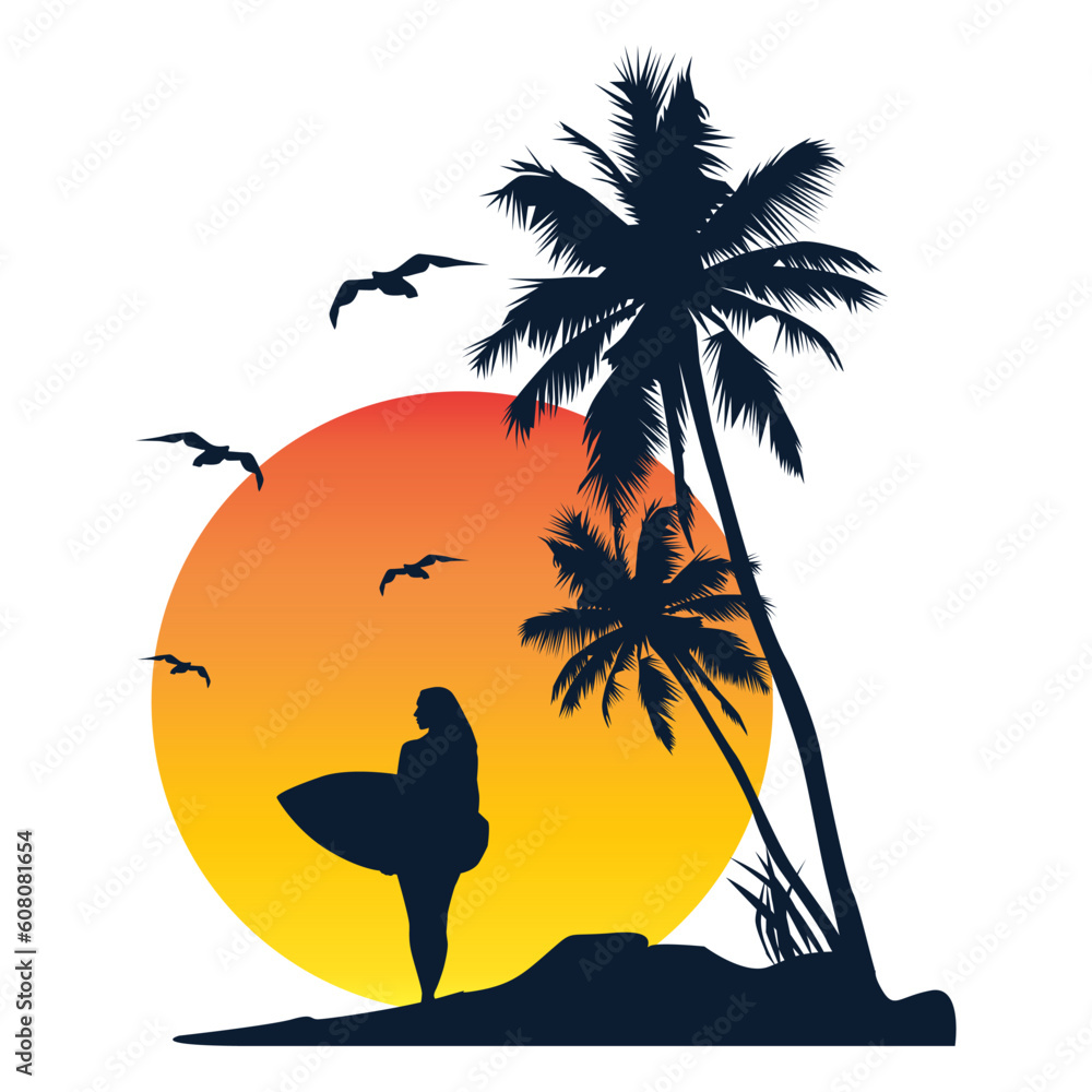 surf and sunset in beach vector illustration 