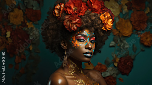 Portrait of young african american woman with flowers in her hair, ai  fashion illustration  