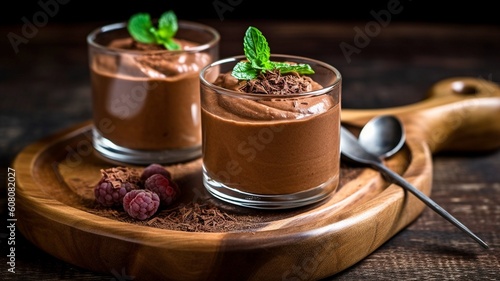 A dark backdrop with a wooden board and a glass of vegan chocolate mousse and a spoon. GENERATE AI