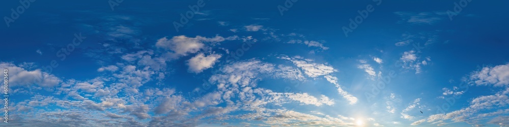 Obraz premium Sunset sky panorama with bright glowing pink Cirrus clouds. Seamless hdr 360 panorama in spherical equirectangular format. Full zenith for 3D visualization, sky replacement for aerial drone panoramas