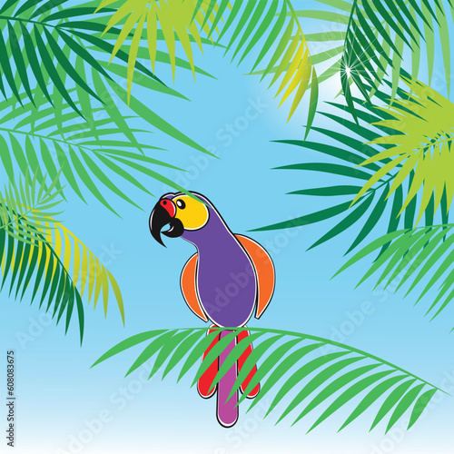 Tropical vector background with leaves of palm trees and parrot. Vector illustration.