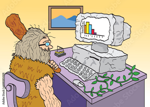A cartoon of a man depicted as a caveman in the office trying to use an outdated computer.