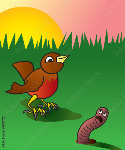 A humorous cartoon depiction of the phrase the early bird catches the worm.