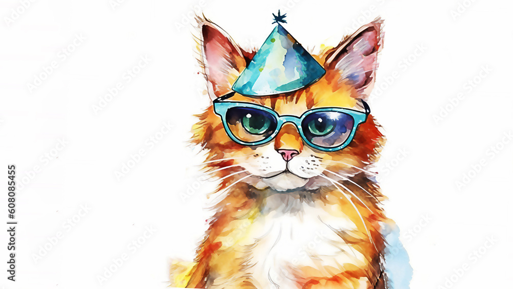Happy Birthday. Happy Cute cartoon cat. Illustration. Post processed AI generated image.