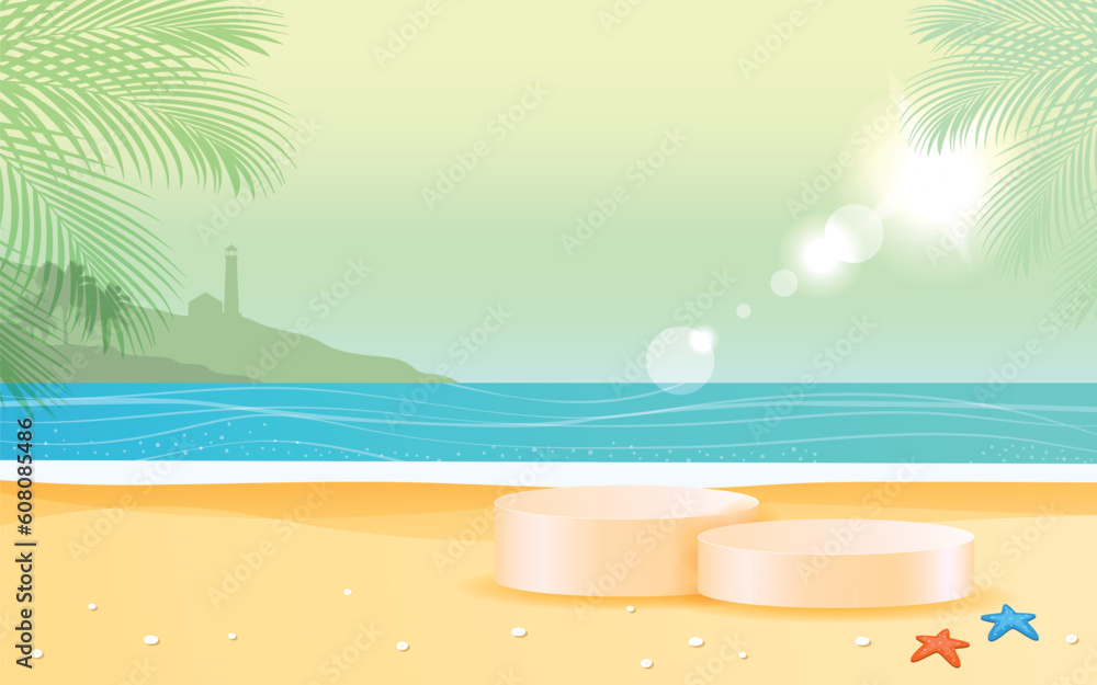 Summer Background with Beach Chair, Podium and Beach Panorama View 