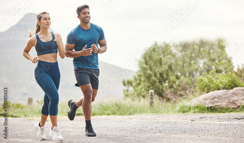Running, mountain road and couple of friends training for sports and health outdoor. Fitness, workout and sport run of young runner people together on a street with athlete exercise and race cardio