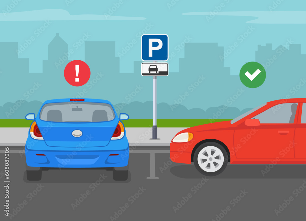 Outdoor parking tips and rules. Back and side view of a correct and incorrect parked car in the 