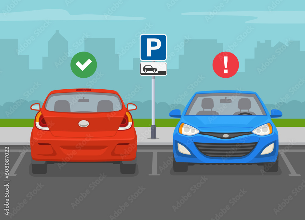 Outdoor parking tips and rules. Back and front view of a correct and incorrect parked car in the Outdoor parking tips and rules. Back and front view of a correct and incorrect parked car in the