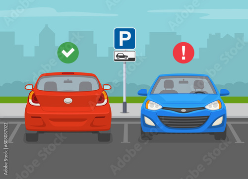 Outdoor parking tips and rules. Back and front view of a correct and incorrect parked car in the "front end parking only" sign area. Flat vector illustration template.