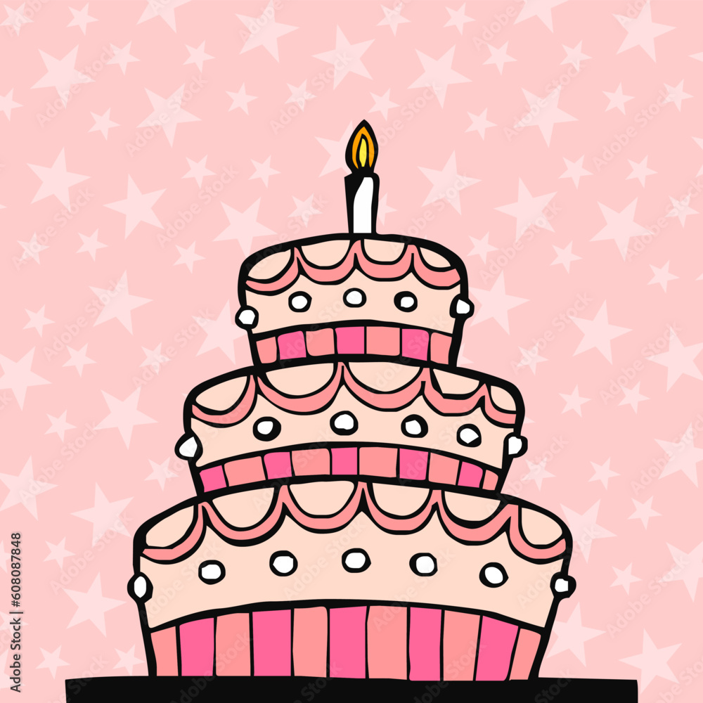 Pink birthday cake on pink background with stars Pink birthday cake on pink background with stars