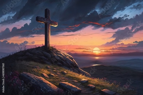 Cross on the hill at sunset, 3d rendering. Computer digital drawing.