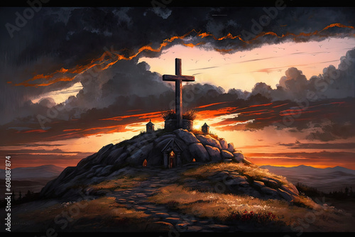 Fotografia Digital painting of a cross on top of a mountain during sunset.