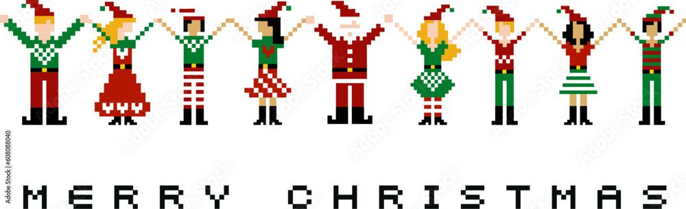 A group of pixeled xmas characters celebrating Christmas.