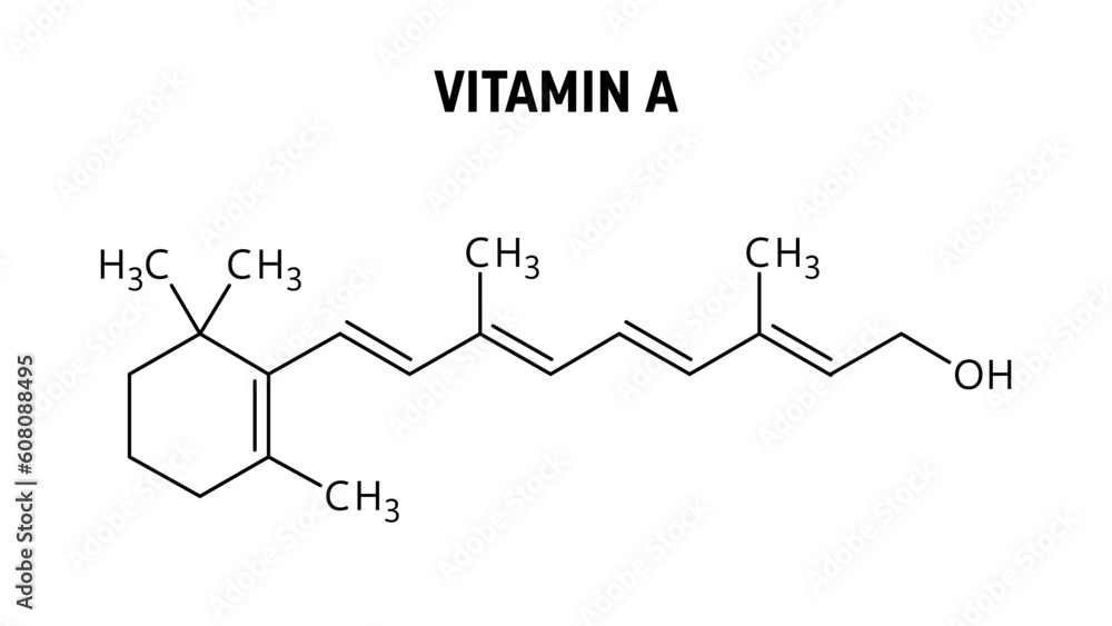 Vitamin A molecular structure. Vitamin A is important for human vision. Vector structural formula of chemical compound.