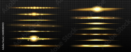 Realistic set of golden light lines isolated on transparent background. Vector illustration of yellow LED lamp shine, shimmering sunrise flash on horizon, magic energy effect, sunshine divider