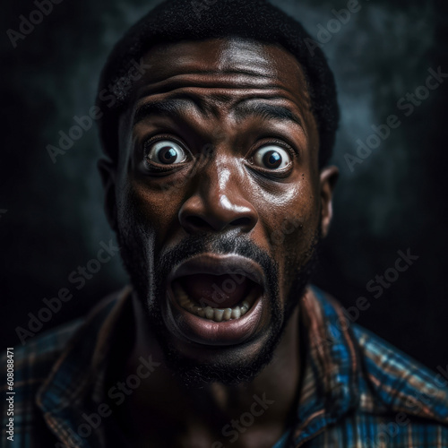 Black Man with expression to surprise and shock. Scared african man screaming in fear or anger. Generative AI