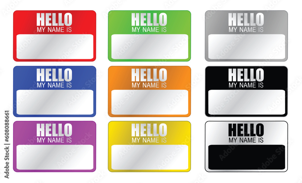 Hello, my name is label in different colors isolated over a white background Hello, my name is label in different colors isolated over a white background