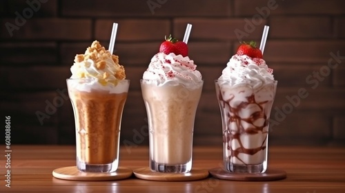 At a wooden board on a table background, three delectable milkshakes with almonds, caramel, strawberry, and whipped cream. GENERATE AI