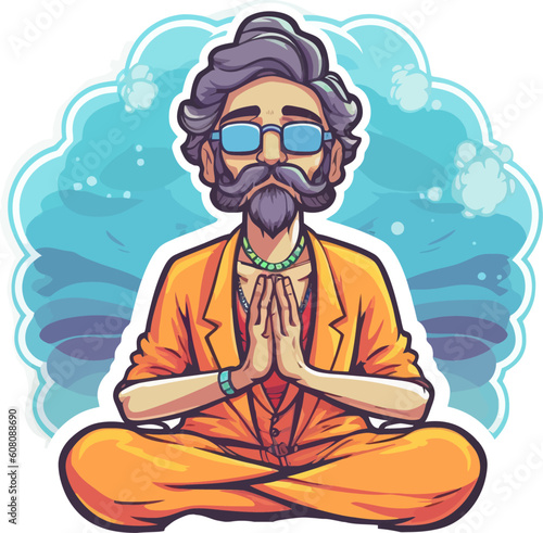 Man in meditation. Lotus pose sitting with legs crosse. Spiritual yoga exercise vivid vector.
