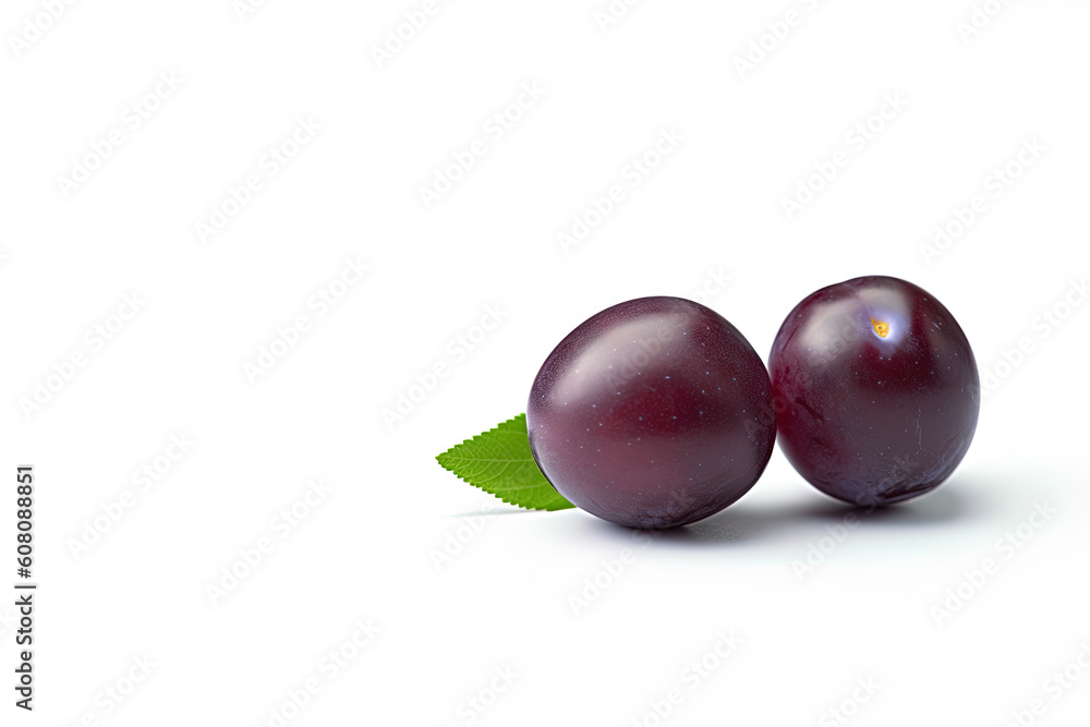 Fresh ripe plums with leaves isolated on white background with copy space. Created with Generative AI Technology Fresh ripe plums with leaves isolated on white background with copy space. Created with Generative AI Technology