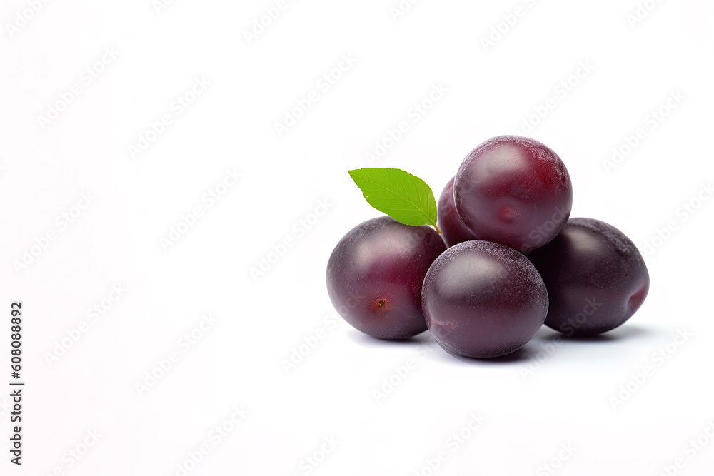Fresh ripe plums with leaves isolated on white background with copy space. Created with Generative AI Technology Fresh ripe plums with leaves isolated on white background with copy space. Created with Generative AI Technology
