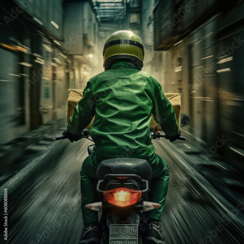 The back of the man in the green suit and helmet riding a motorcycle at high speed on the road. Generative AI photo