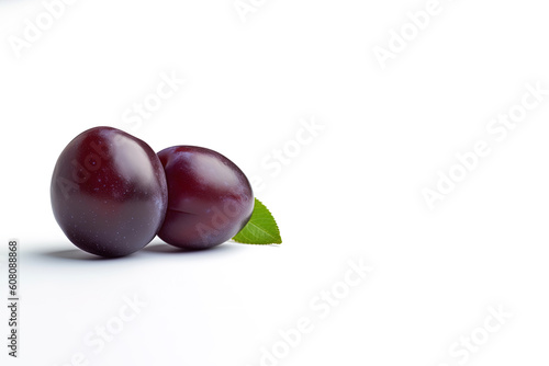 Fresh ripe plums with leaves isolated on white background with copy space. Created with Generative AI Technology