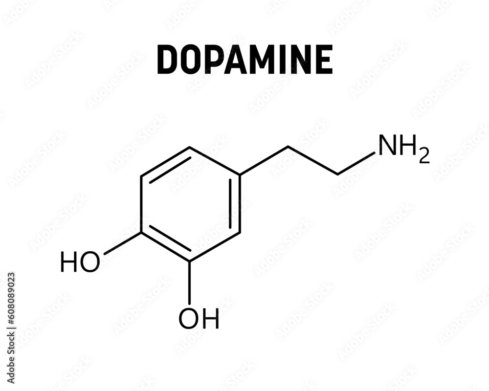 Dopamine molecular structure. Dopamine is neurotransmitter with important role in human body. Vector structural formula of chemical compound. Dopamine molecular structure. Dopamine is neurotransmitter with important role in human body. Vector structural formula of chemical compound.