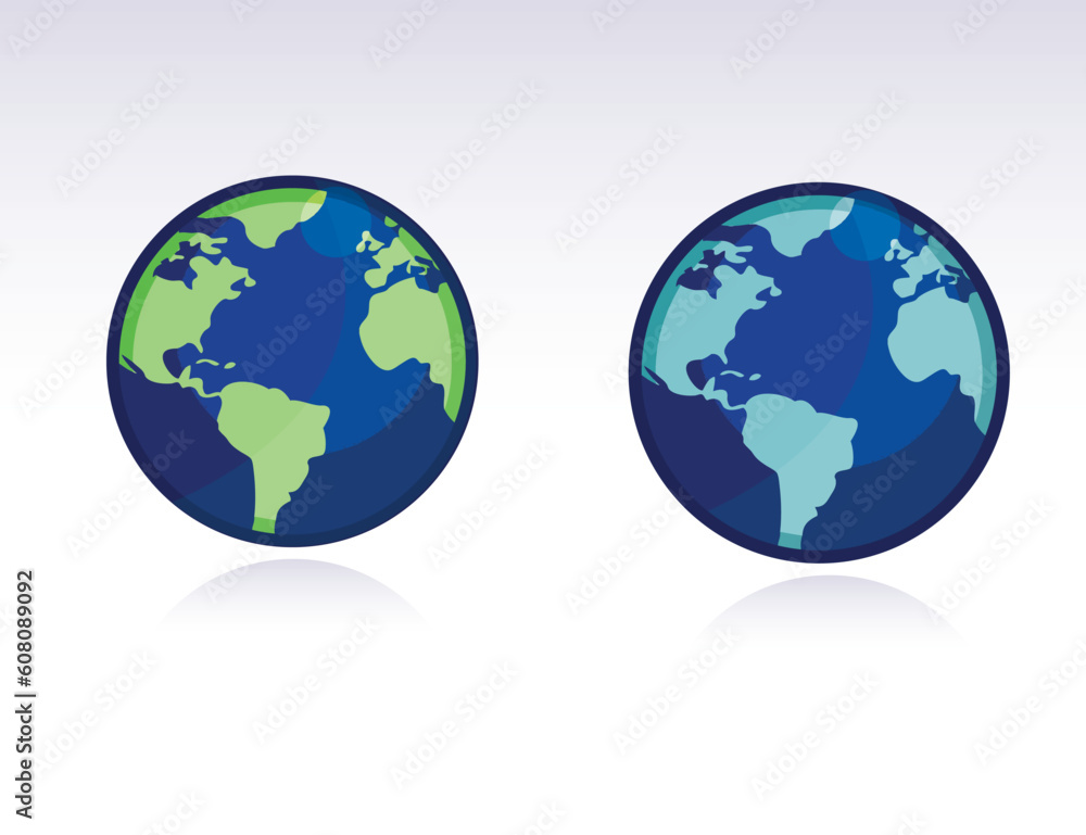 two different color globes of the world isolated over a white background.