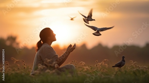 Hope idea with praying woman and free bird taking in the scenery against a sunset background. GENERATE AI