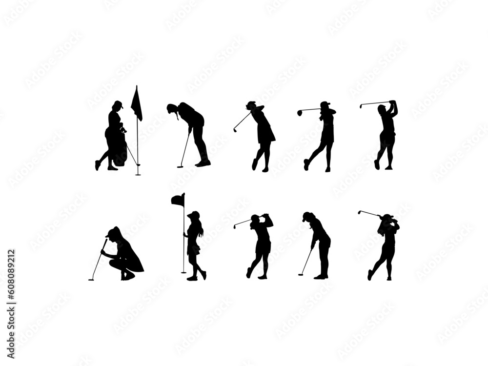 Collection of female golf player vector silhouette in various poses. Female golf players silhouette. Set of vector silhouettes woman professional golfer playing golf. Vector silhouette of the woman.