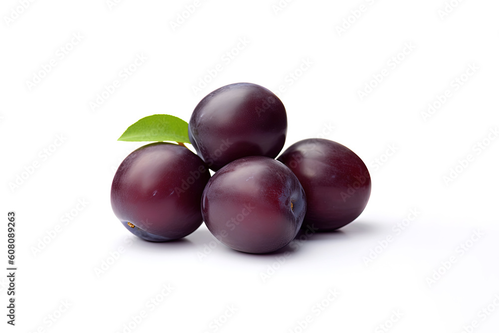Fresh ripe plums with leaves isolated on white background. Created with Generative AI Technology Fresh ripe plums with leaves isolated on white background. Created with Generative AI Technology