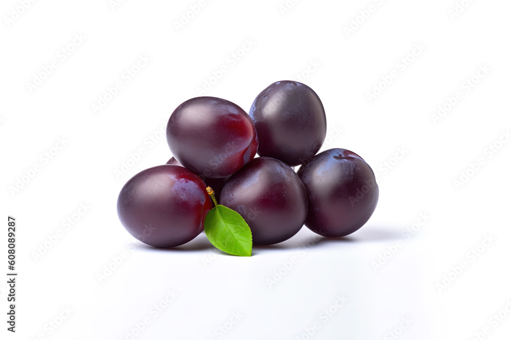 Fresh ripe plums with leaves isolated on white background. Created with Generative AI Technology Fresh ripe plums with leaves isolated on white background. Created with Generative AI Technology