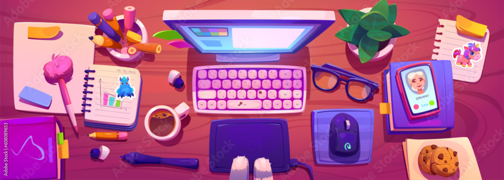 Study work desk top view with computer and mouse vector cartoon illustration. Calling phone near monitor and keyboard on table and cat paw. Earphone and plant illustration design on workstation Study work desk top view with computer and mouse vector cartoon illustration. Calling phone near monitor and keyboard on table and cat paw. Earphone and plant illustration design on workstation