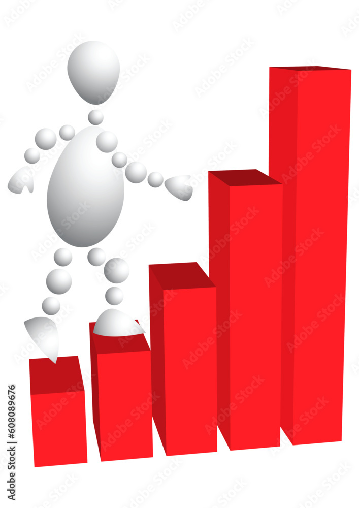 Man climbs the stairs as red diagram. Abstract 3d-human series from balls. Variant of white isolated on white background. A fully editable vector illustration for your design. Man climbs the stairs as red diagram. Abstract 3d-human series from balls. Variant of white isolated on white background. A fully editable vector illustration for your design.