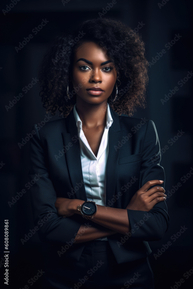 Bllack woman in a business suit standing in a confident pose. Woman's ...