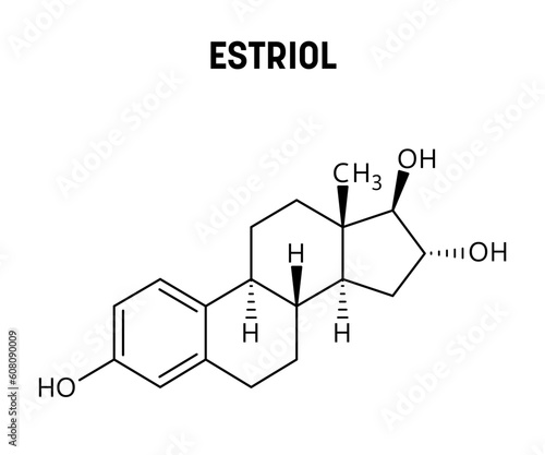 Estriol molecular structure. Estriol is a steroid, a weak estrogen, and a minor female sex hormone. Vector structural formula of chemical compound.