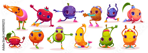 Fruit and vegetable funny character yoga exercise vector cartoon illustration set. Food fitness workout for gym with happy avocado, berry, banana, lemon and orange drawing icon collection design.
