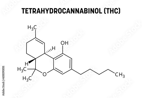 Tetrahydrocannabinol, or THC, molecular structure. Tetrahydrocannabinol is the principal psychoactive drug from cannabis. Vector structural formula of chemical compound.