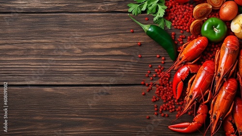 A beer party. Crayfish and crawfish still life on a rustic, old-growth timber background. looking up. Overhead. room for copying. GENERATE AI photo