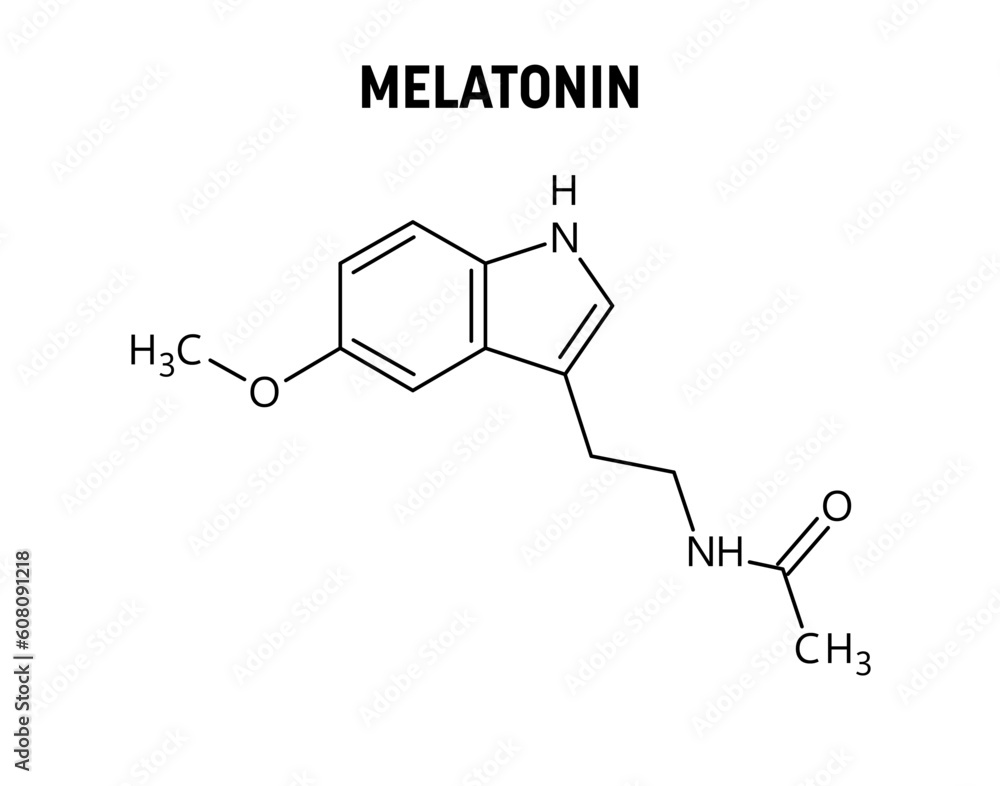Melatonin molecular structure. Melatonin is a hormone controlling sleep-wake cycle. Vector structural formula of chemical compound. Melatonin molecular structure. Melatonin is a hormone controlling sleep-wake cycle. Vector structural formula of chemical compound.