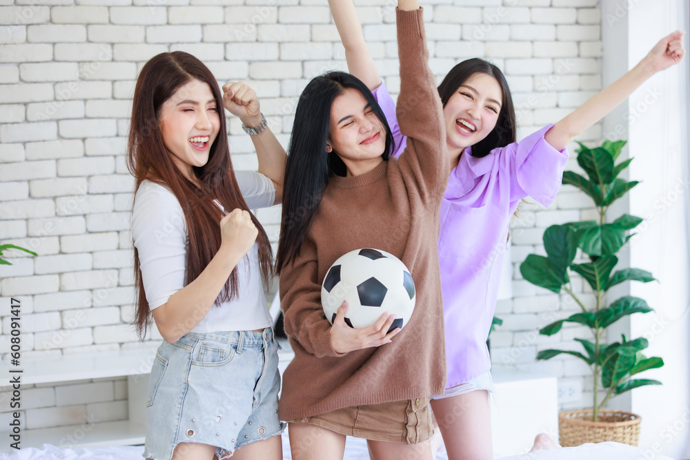 Millennial three Asian beautiful cheerful female girlfriends in