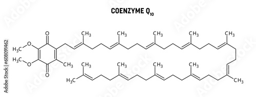 Coenzyme Q10 molecular structure. Coenzyme Q10, ubiquinone or CoQ10, is a organic vitamin-like compound important for cardiovascular, brain and dental health, fertility, physical perfromance. Vector