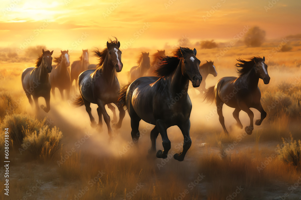horses galloping at sunset, AI generated