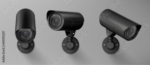 3d security camera, cctv cam isolated on transparent background. Safety watching system, video control equipment in different view, vector realistic illustration